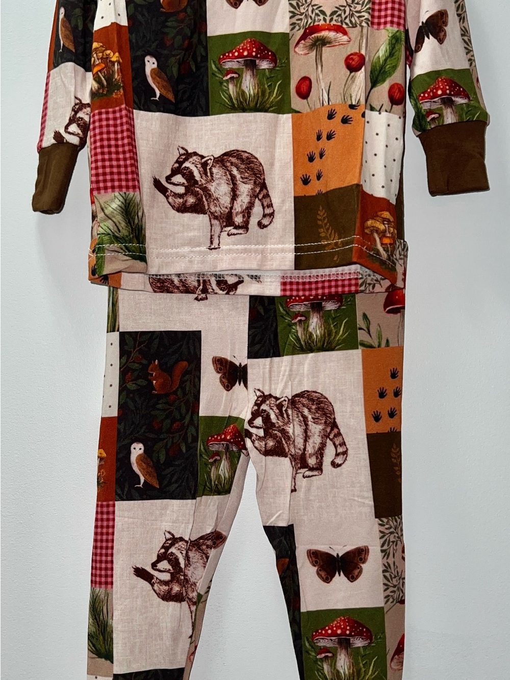 Kids Woodland Raccoon Patchwork Pajama Set - Brown/Green